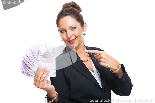 Image of Happy Businesswoman Holding 500 Euro Banknotes