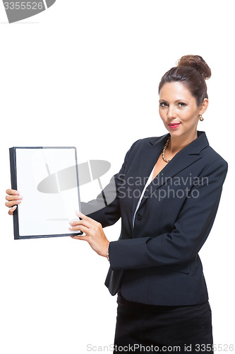 Image of Businesswoman Showing a Document with Copy Space