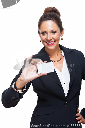 Image of Businesswoman Holding Small Card with Copy Space
