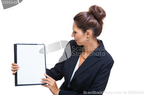 Image of Businesswoman Showing a Document with Copy Space