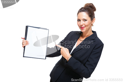 Image of Businesswoman Showing a Document with Copy Space