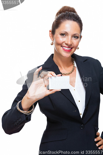 Image of Businesswoman Holding Small Card with Copy Space