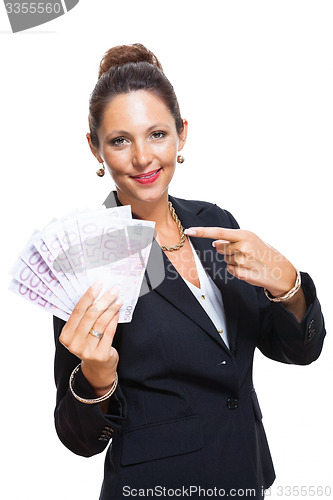 Image of Happy Businesswoman Holding 500 Euro Banknotes