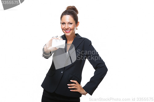 Image of Businesswoman Holding Small Card with Copy Space