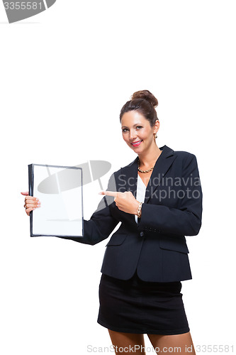 Image of Businesswoman Showing a Document with Copy Space