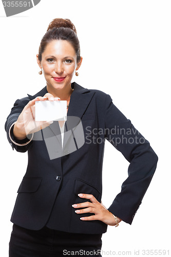 Image of Businesswoman Holding Small Card with Copy Space