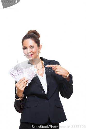 Image of Happy Businesswoman Holding 500 Euro Banknotes