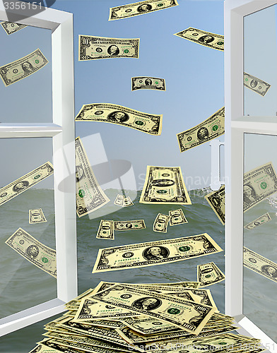 Image of opened window to the sea with dollars