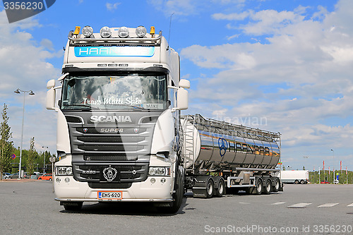 Image of Scania R620 Tank Truck Leaves Truck Stop