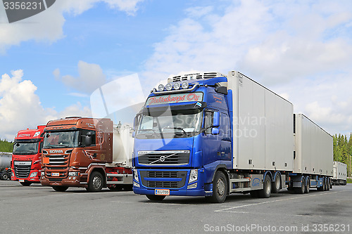 Image of Volvo, Scania and DAF Trucks Parked at Truck Stop