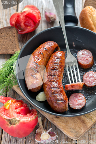 Image of Frying pan with fried sausage.
