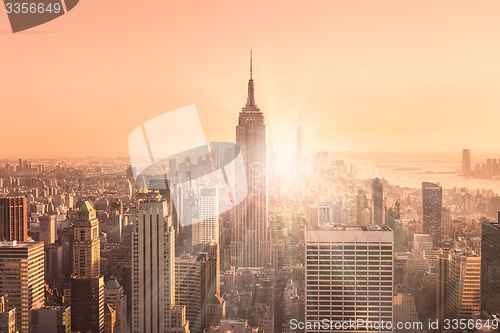 Image of New York City Manhattan skyline in sunset.