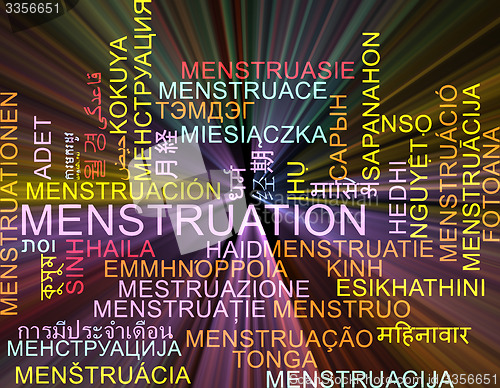 Image of Menstruation multilanguage wordcloud background concept glowing