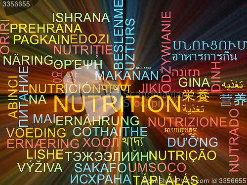 Image of Nutrition multilanguage wordcloud background concept glowing