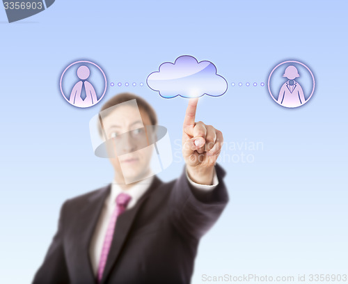 Image of Manager Contacting Female And Male Peer Via Cloud