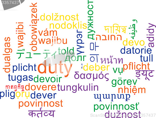 Image of Duty multilanguage wordcloud background concept