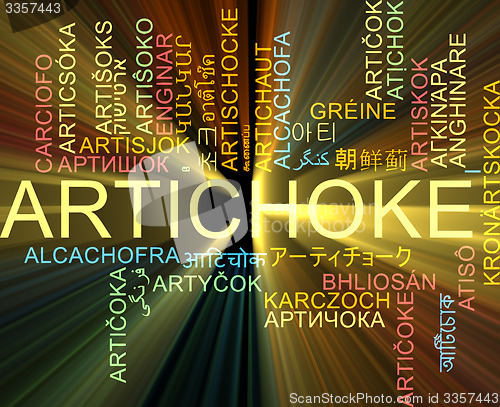 Image of Artichoke multilanguage wordcloud background concept glowing