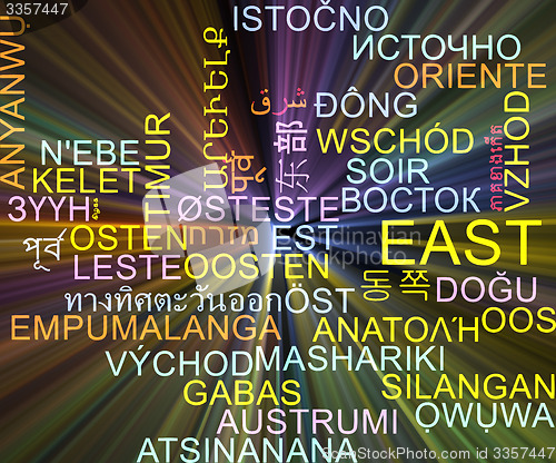Image of East multilanguage wordcloud background concept glowing
