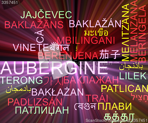 Image of Aubergine multilanguage wordcloud background concept glowing