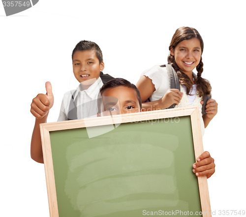 Image of Students with Thumbs Up Holding Blank Chalk Board on White