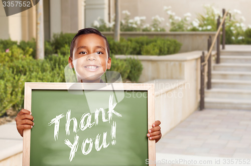 Image of Hispanic Boy Holding Thank You Chalk Board on School Campus