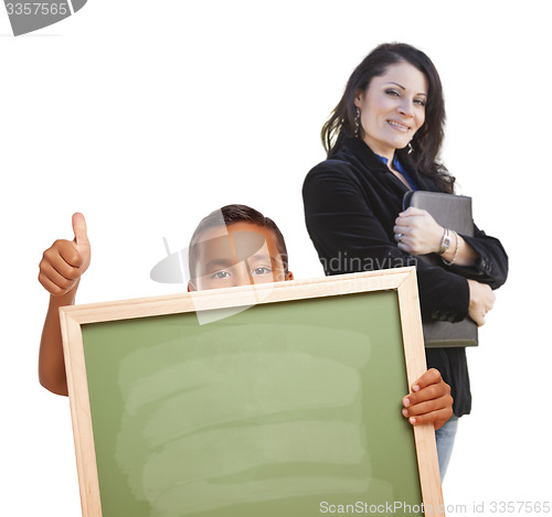 Image of Boy with Thumbs Up, Blank Chalk Board and Teacher Behind