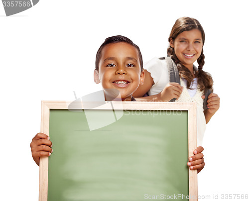 Image of Hispanic Boy and Girl Holding Blank Chalk Board on White