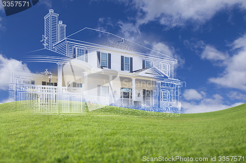 Image of Beautiful Custom House Drawing and Ghosted House Above Grass
