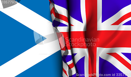 Image of Flag of United Kingdom over the Scotland flag. 