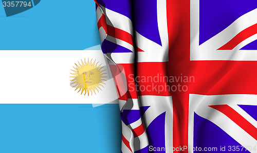 Image of Flag of United Kingdom over the Argentina flag. 