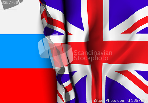 Image of Flag of United Kingdom over the Russia flag. 