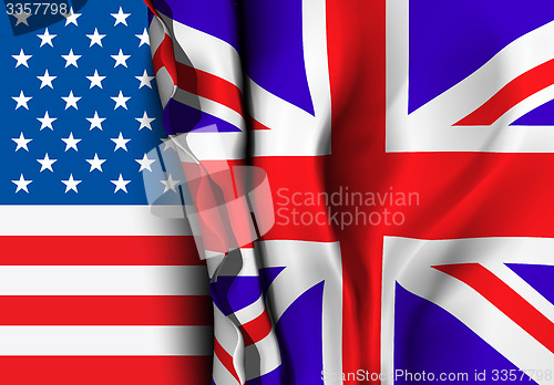 Image of Flag of United Kingdom over the USA flag. 