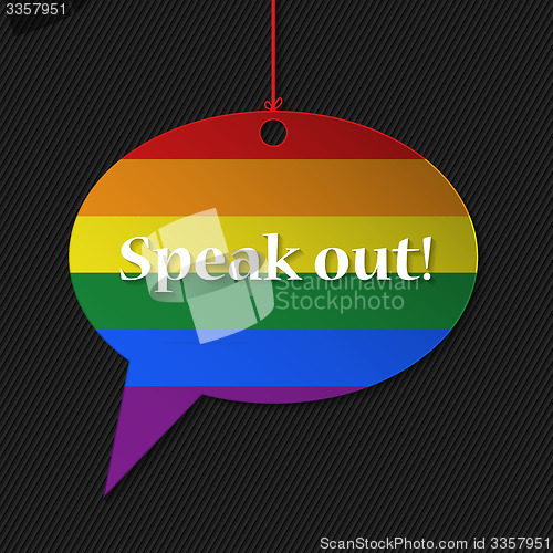 Image of Gay flagged speech bubble with text 