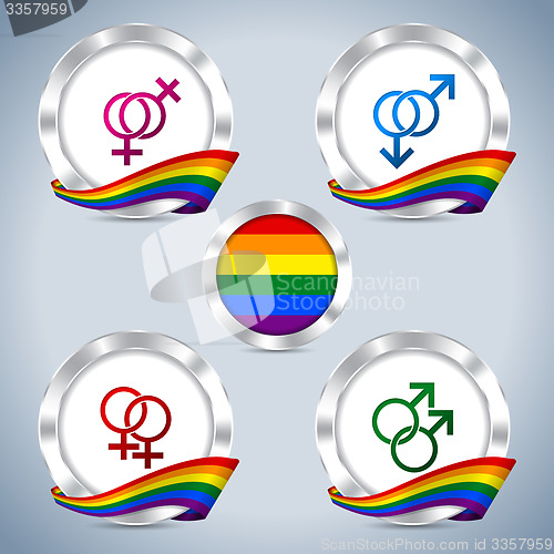 Image of Metallic badges with gay pride ribbon and symbols