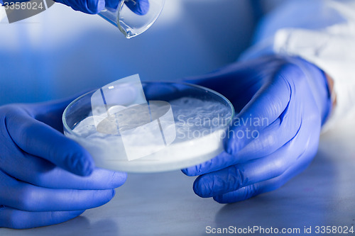 Image of close up of scientists hands with chemicals in lab