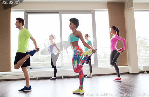 Image of group of smiling people exercising in gym