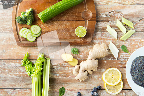 Image of close up of super food ingredients on wooden table