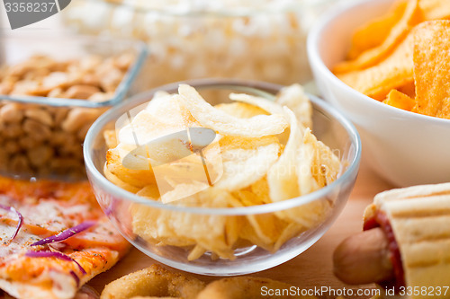 Image of close up of crunchy potato crisps in glass bowl