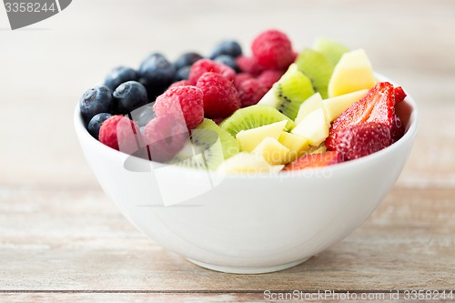 Image of close up of fruits and berries in bowl on table