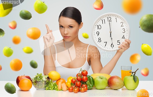 Image of woman with healthy food and clock warning