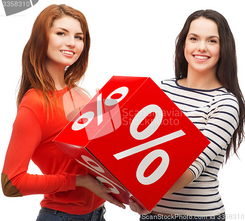 Image of two smiling teenage girl with percent sign on box