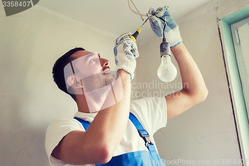 Image of builder with tablet pc and equipment indoors