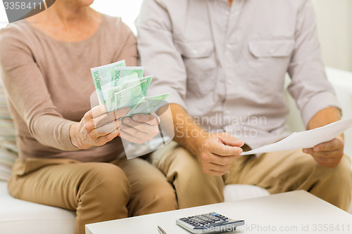 Image of close up of senior couple with money and bills