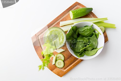 Image of close up of fresh green juice glass and celery