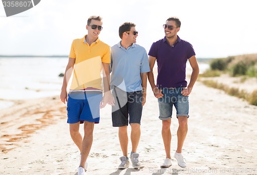 Image of smiling friends in sunglasses walking along beach