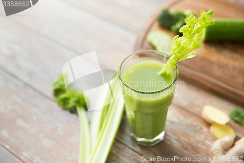 Image of close up of fresh green juice glass and celery