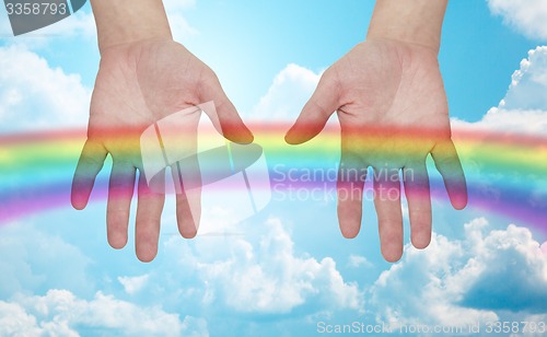 Image of palms of human hands thumbs up over rainbow in sky