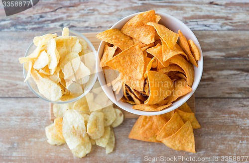 Image of close up of potato crisps and corn nachos on table