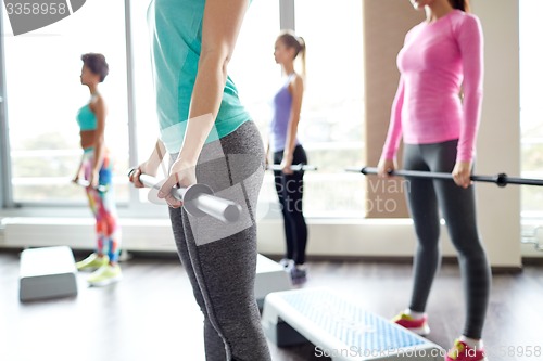 Image of close up of women exercising with bars in gym