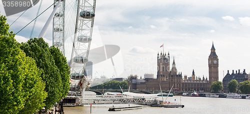 Image of Houses of Parliament and ferris wheel in London